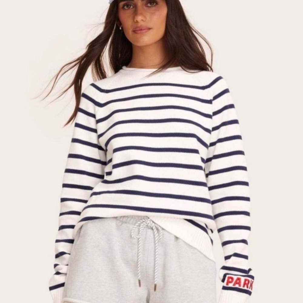 Pqrke Striped Long Sleeve White & Navy Sweater Top XS NEW